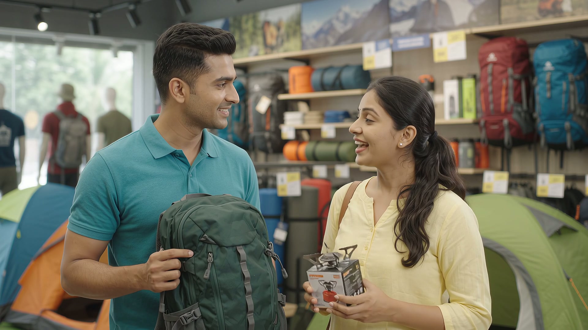 Two shoppers choosing outdoor gear inside Vizag Adventure Gears